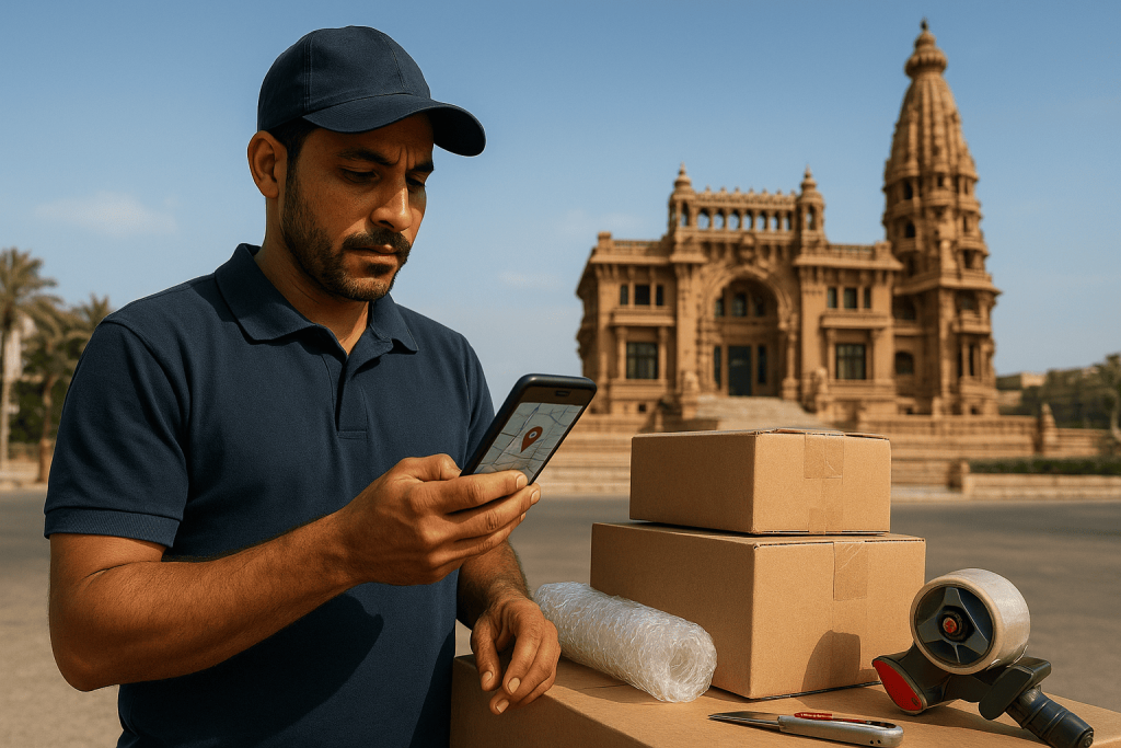 عامل دليفري يقوم بتوصيل كراتين للبيع ب6 اكتوبر عند ميدان الحصري.